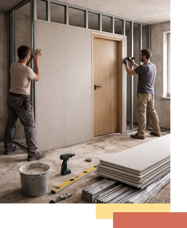 Перегородка из гипсокартона с дверью под ключ в Мариинске