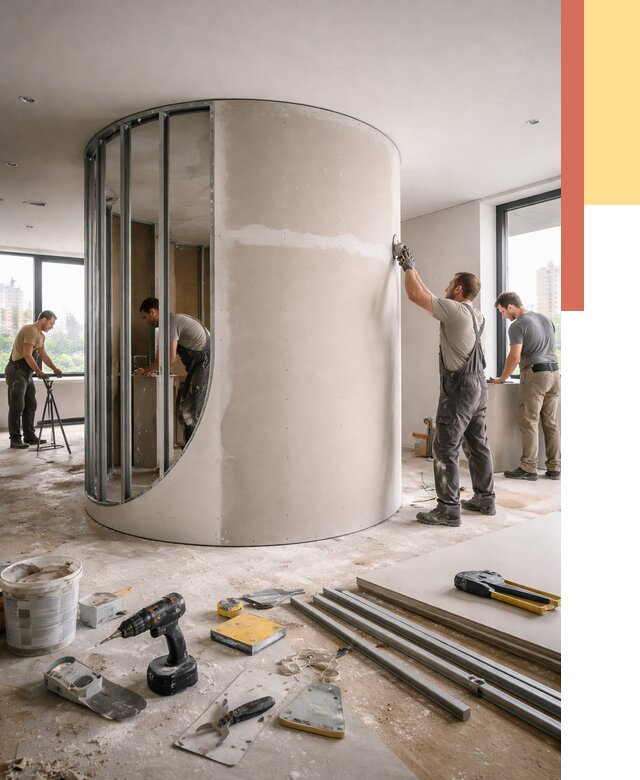 Радиусная перегородка из гипсокартона в Мариинске от 2957 руб. под ключ | ОТДЕЛОЧНИК-Мрн