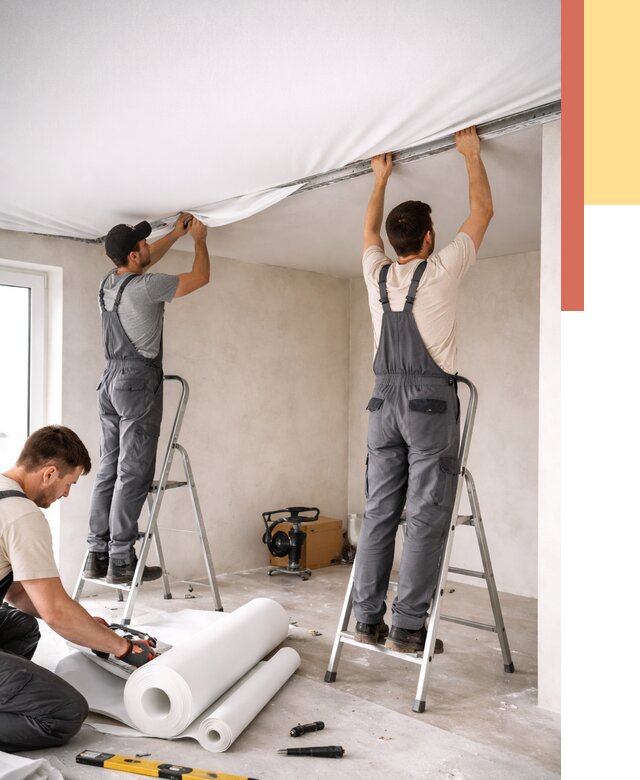 Монтаж тканевого натяжного потолка в Мариинске от 3569 руб. под ключ | ОТДЕЛОЧНИК-Мрн