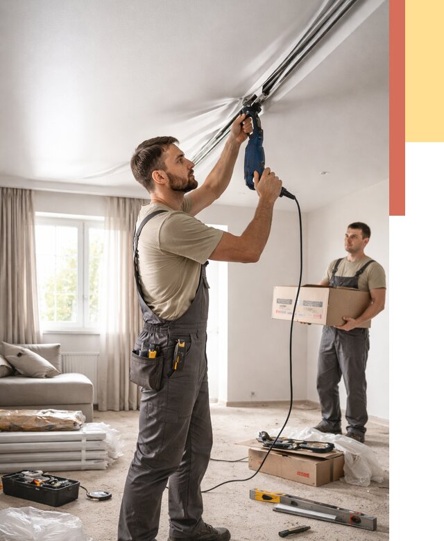 Монтаж сатинового натяжного потолка в Мариинске от 3569 руб. | Быстро, недорого — ОТДЕЛОЧНИК-Мрн