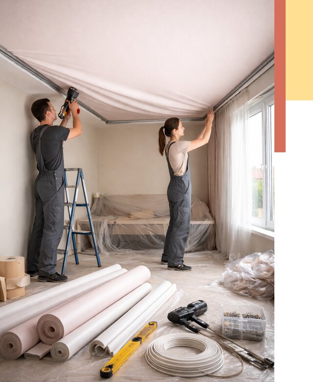 Монтаж цветного натяжного потолка в Мариинске от 4283 руб/м² — быстро и недорого | ОТДЕЛОЧНИК-Мрн