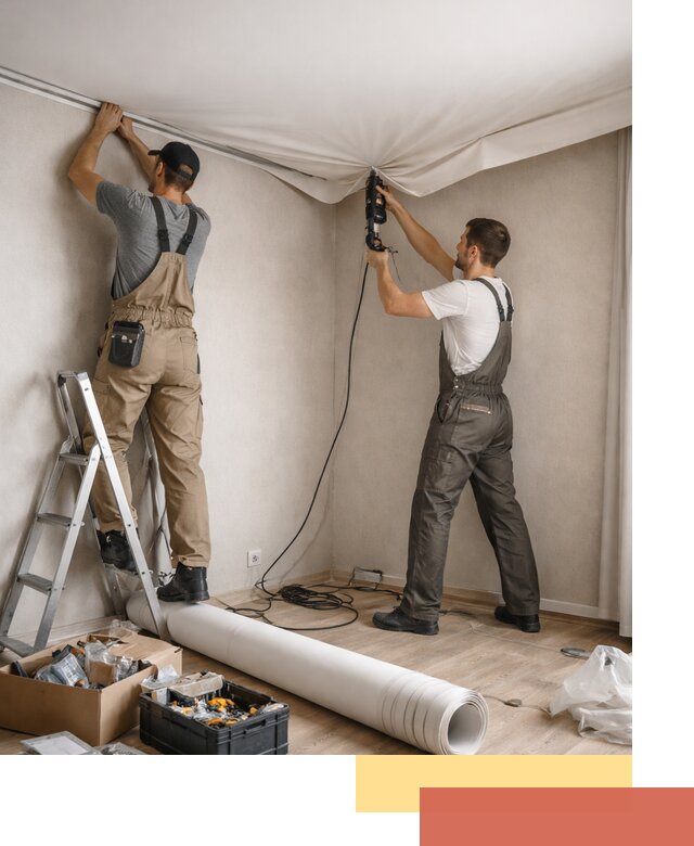 Монтаж цветного натяжного потолка в Мариинске за один день