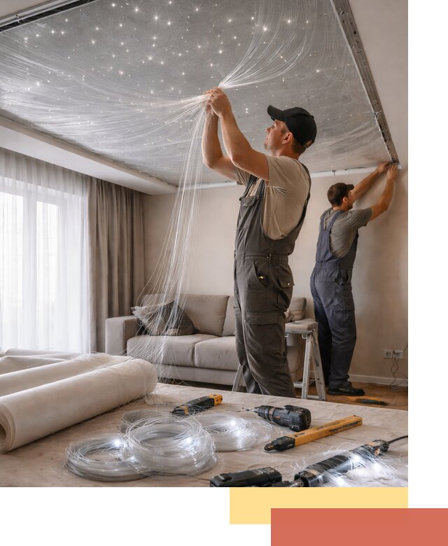 Монтаж натяжного потолка «Звездное небо» в Мариинске