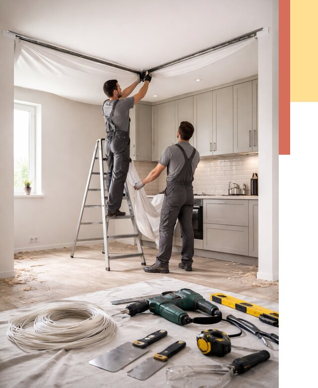 Установка натяжного потолка на кухне в Мариинске от 2448 руб. | ОТДЕЛОЧНИК-Мрн