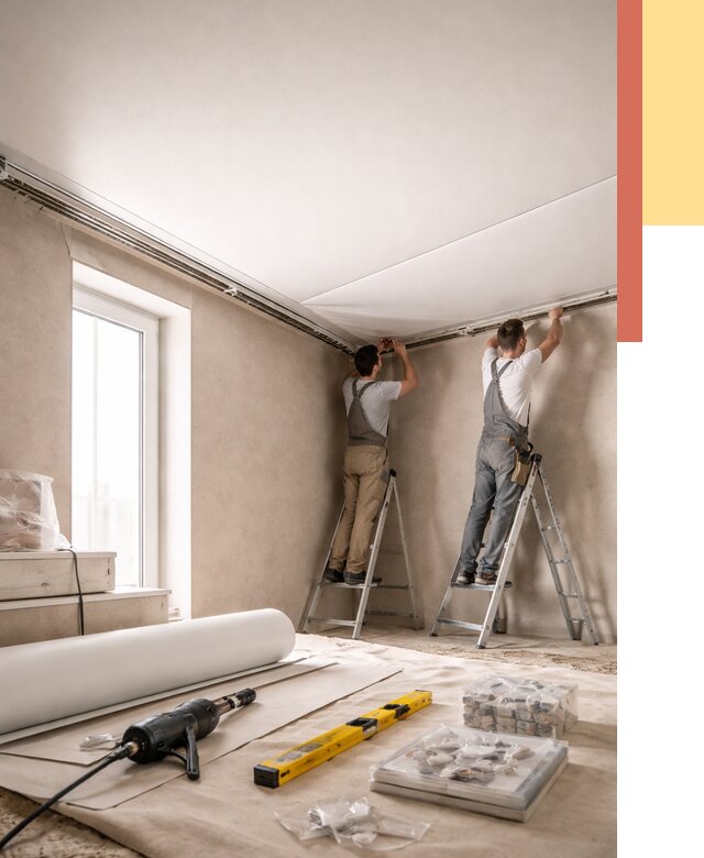 Монтаж натяжного потолка в спальне в Мариинске от 3875 руб. под ключ | ОТДЕЛОЧНИК-Мрн