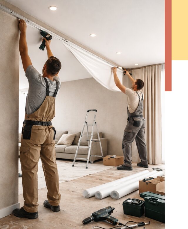 Монтаж натяжного потолка в гостиной в Мариинске от 561 руб. | ОТДЕЛОЧНИК-Мрн