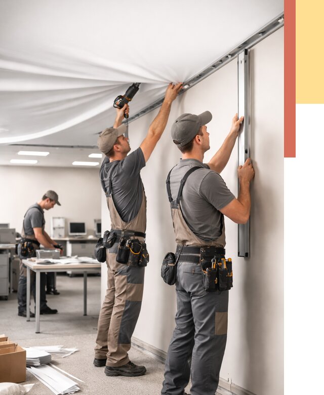 Монтаж натяжного потолка в офисе в Мариинске от 459 руб/м² — быстро и недорого | ОТДЕЛОЧНИК-Мрн