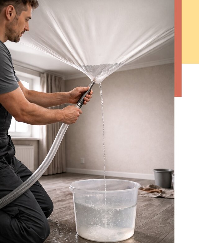 Слив воды с натяжного потолка в Мариинске от 2550 руб. быстро и недорого | ОТДЕЛОЧНИК-Мрн