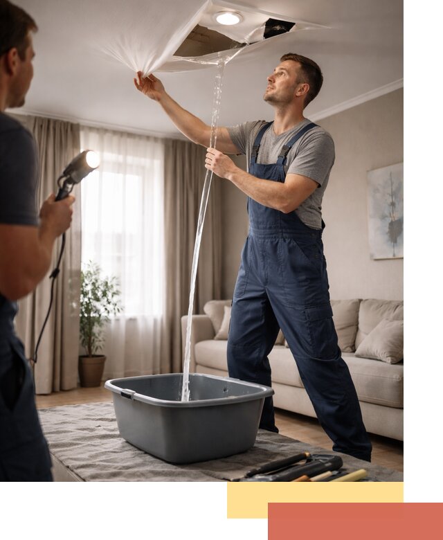 Слив воды с натяжного потолка в Мариинске быстро и аккуратно