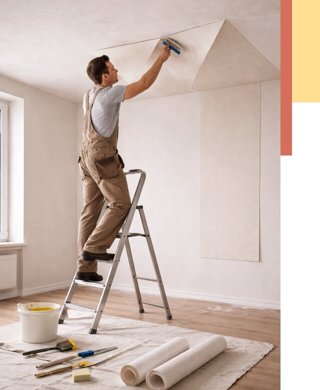 Поклейка обоев на потолок в Мариинске от 4589 руб. быстро и недорого | ОТДЕЛОЧНИК-Мрн